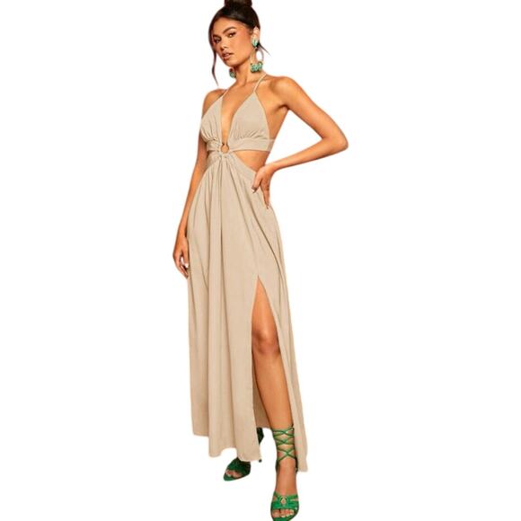 Travachic Ring Linked Criss-Cross Tie Backless M-Slit Hem Dress - Picture 1 of 6